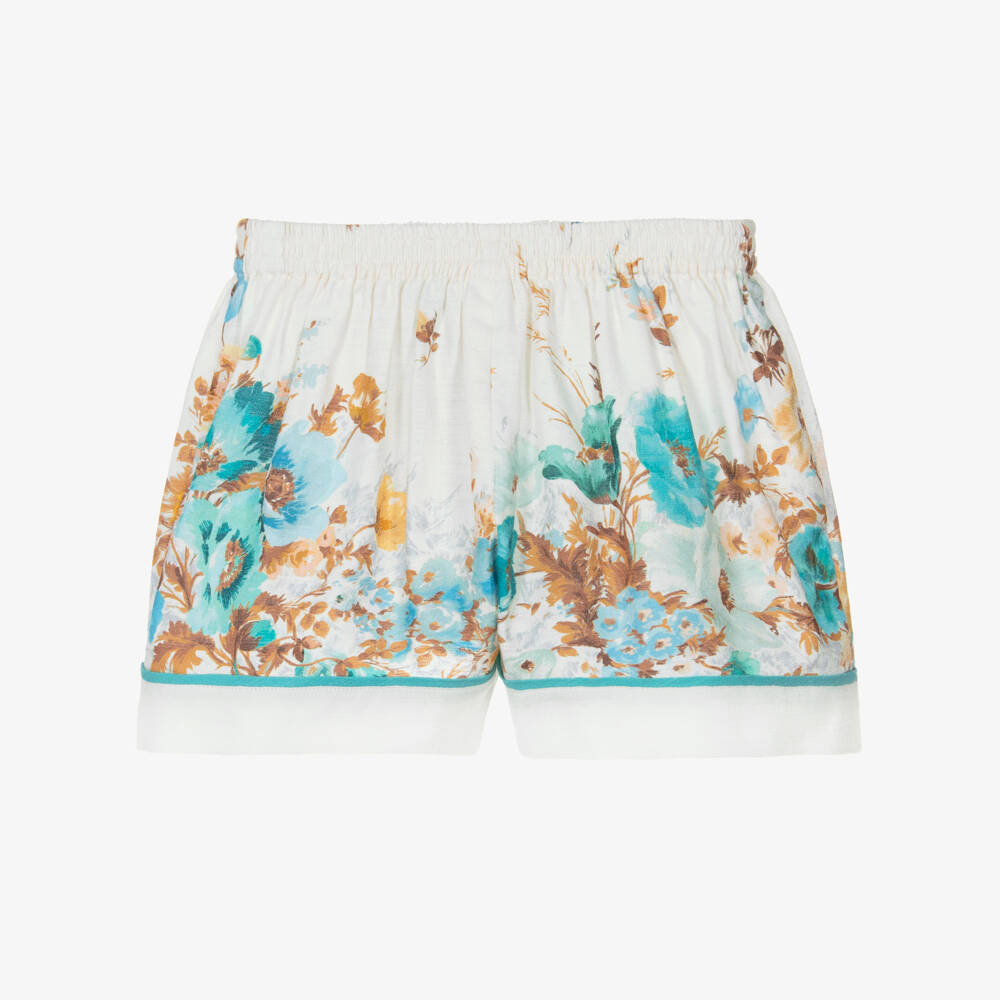 Zimmermann-Girls Ivory & Blue Floral Print Cotton Shorts | Childrensalon Outlet