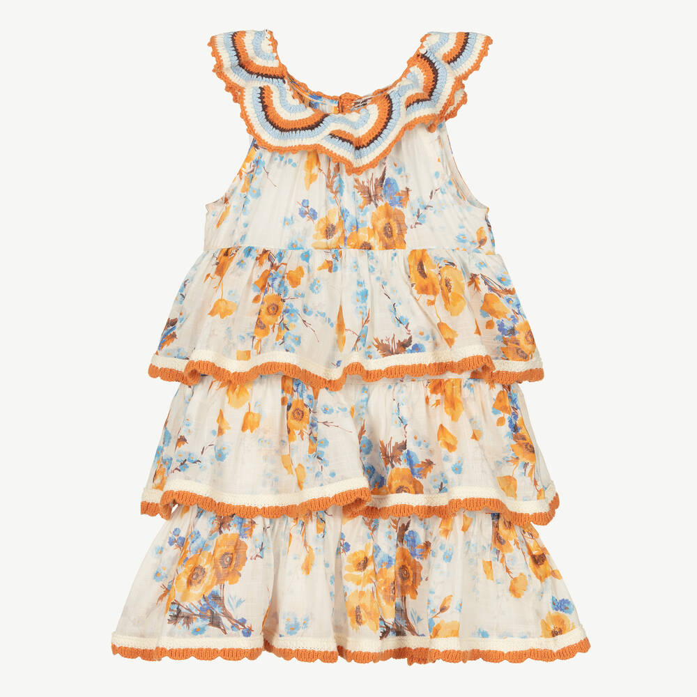 Zimmermann - فستان قطن وكروشيه لون عاجي بطبعة ورود | Childrensalon