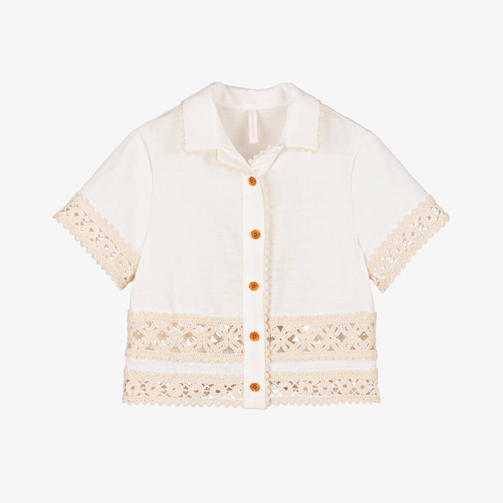 Zimmermann-Girls Ivory Crochet-Accented Cotton Blouse | Childrensalon Outlet