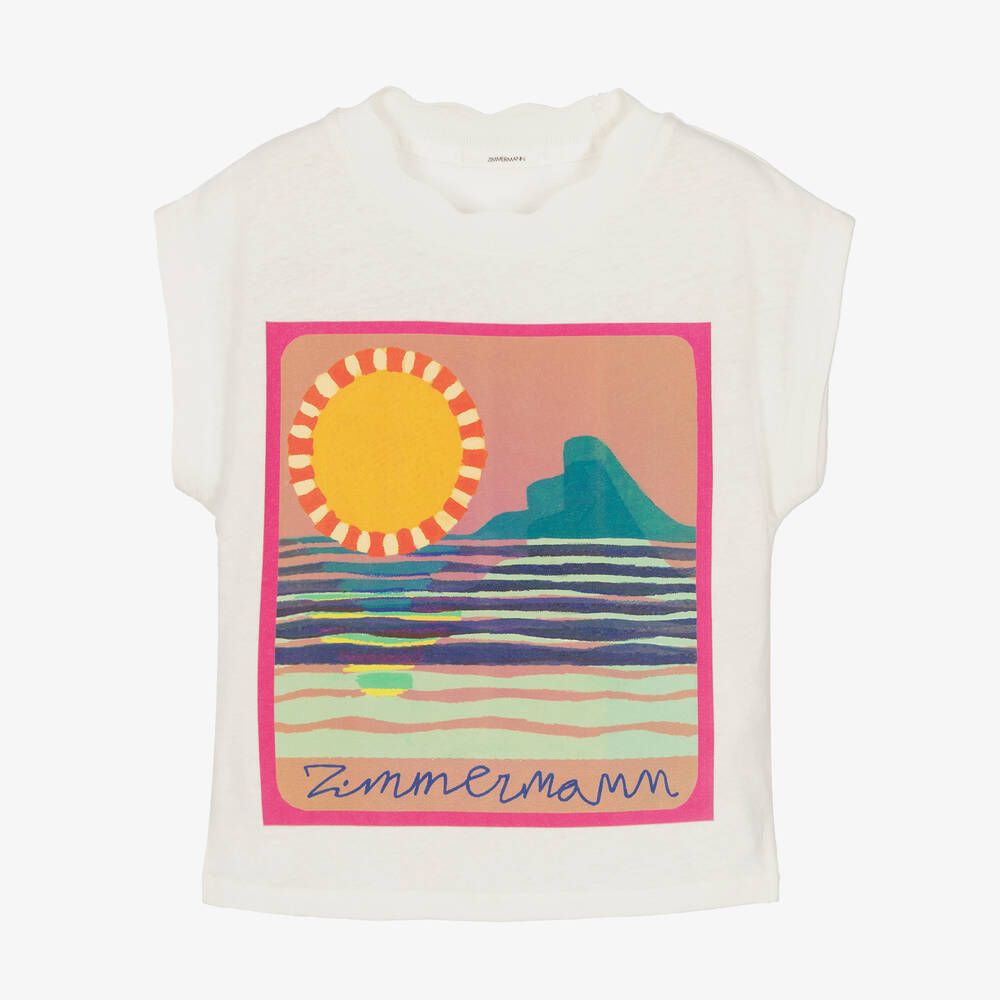Zimmermann-Girls Ivory Sunshine Print Linen & Cotton T-Shirt | Childrensalon Outlet