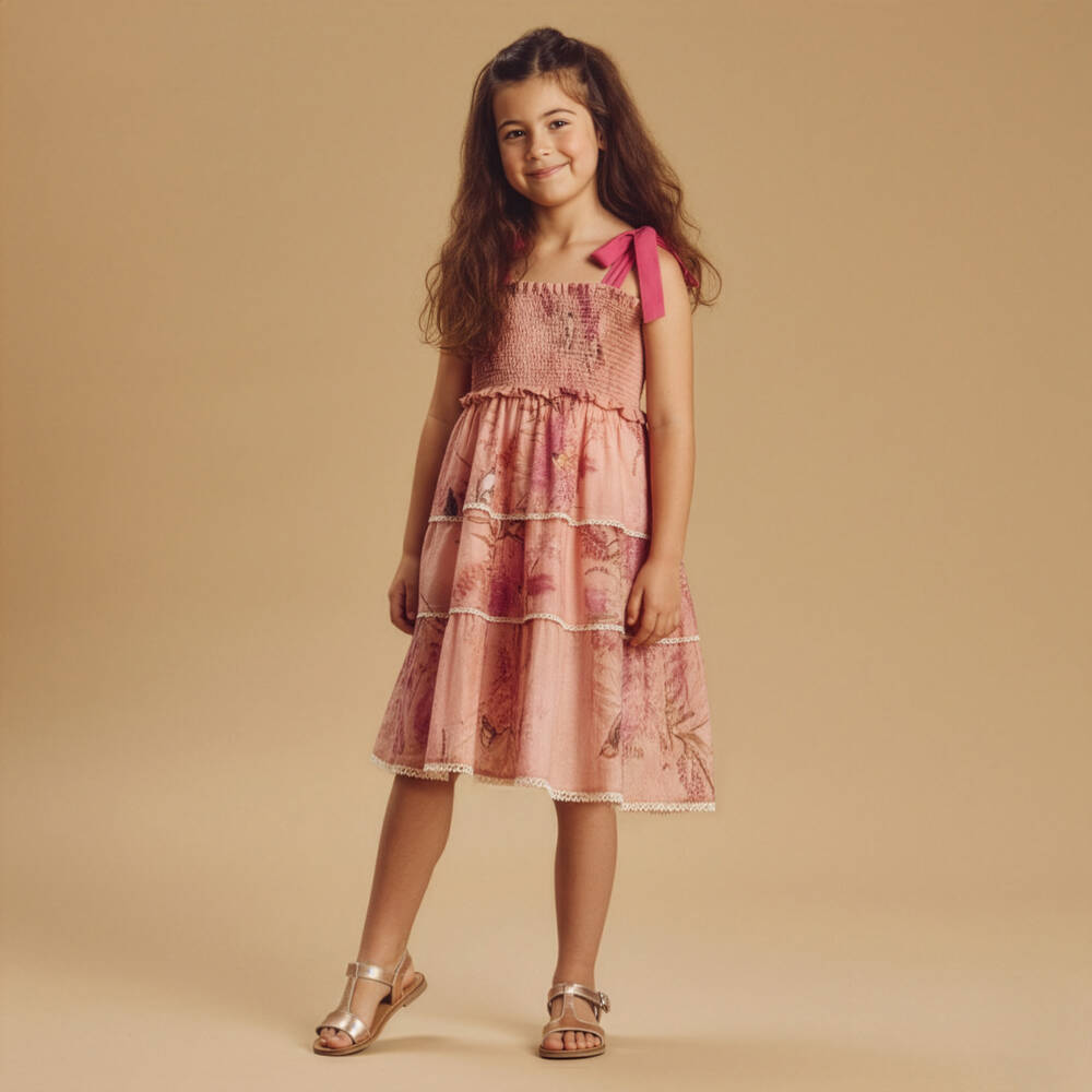 Zimmermann-فستان وردي بناتي بطبعات نباتية وطبقات | Childrensalon Outlet