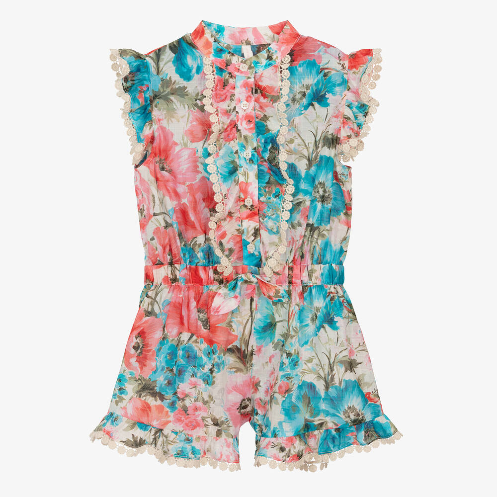 Zimmermann - Girls Pink & Blue Cotton Floral Playsuit | Childrensalon