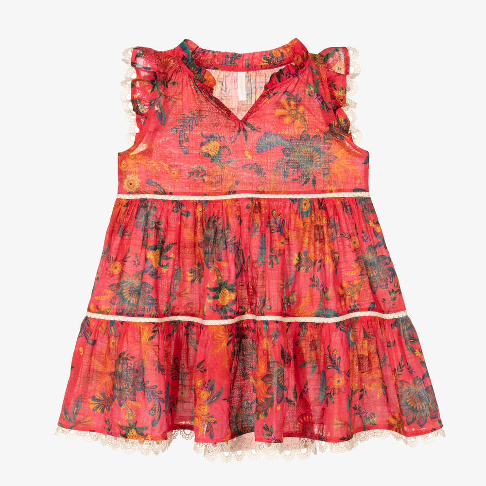 Zimmermann - فستان قطن لون زهري فيوشيا بطبعة ورود | Childrensalon