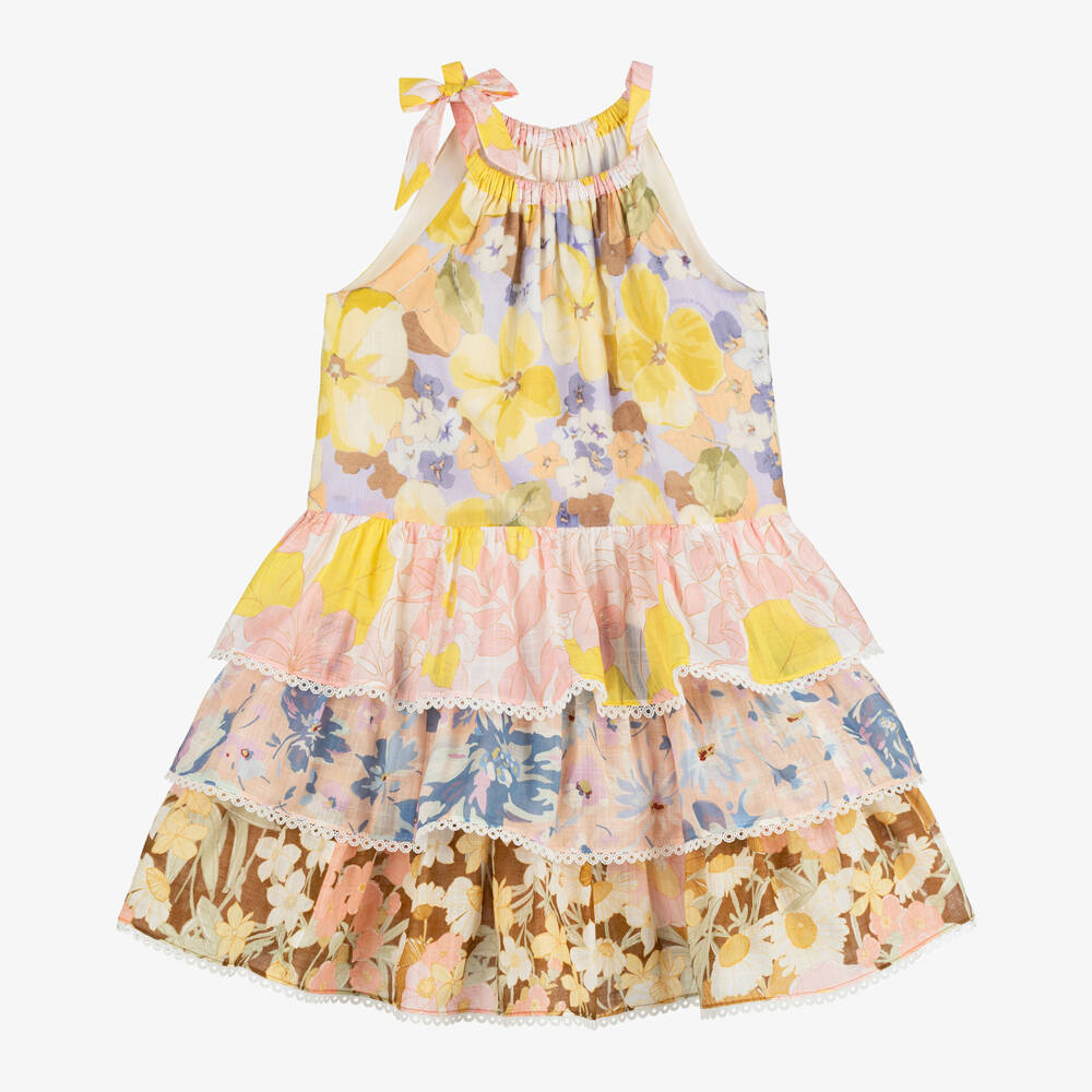 Zimmermann-Girls Pink & Yellow Floral Tiered Cotton Dress | Childrensalon Outlet