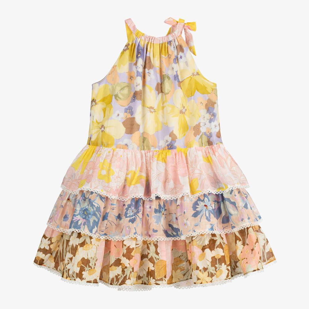 Zimmermann-Girls Pink & Yellow Floral Tiered Cotton Dress | Childrensalon Outlet