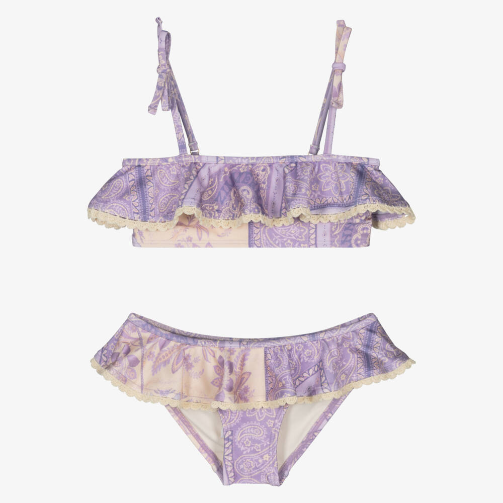 Zimmermann-Girls Purple & Ivory Paisley Ruffle Bikini | Childrensalon Outlet