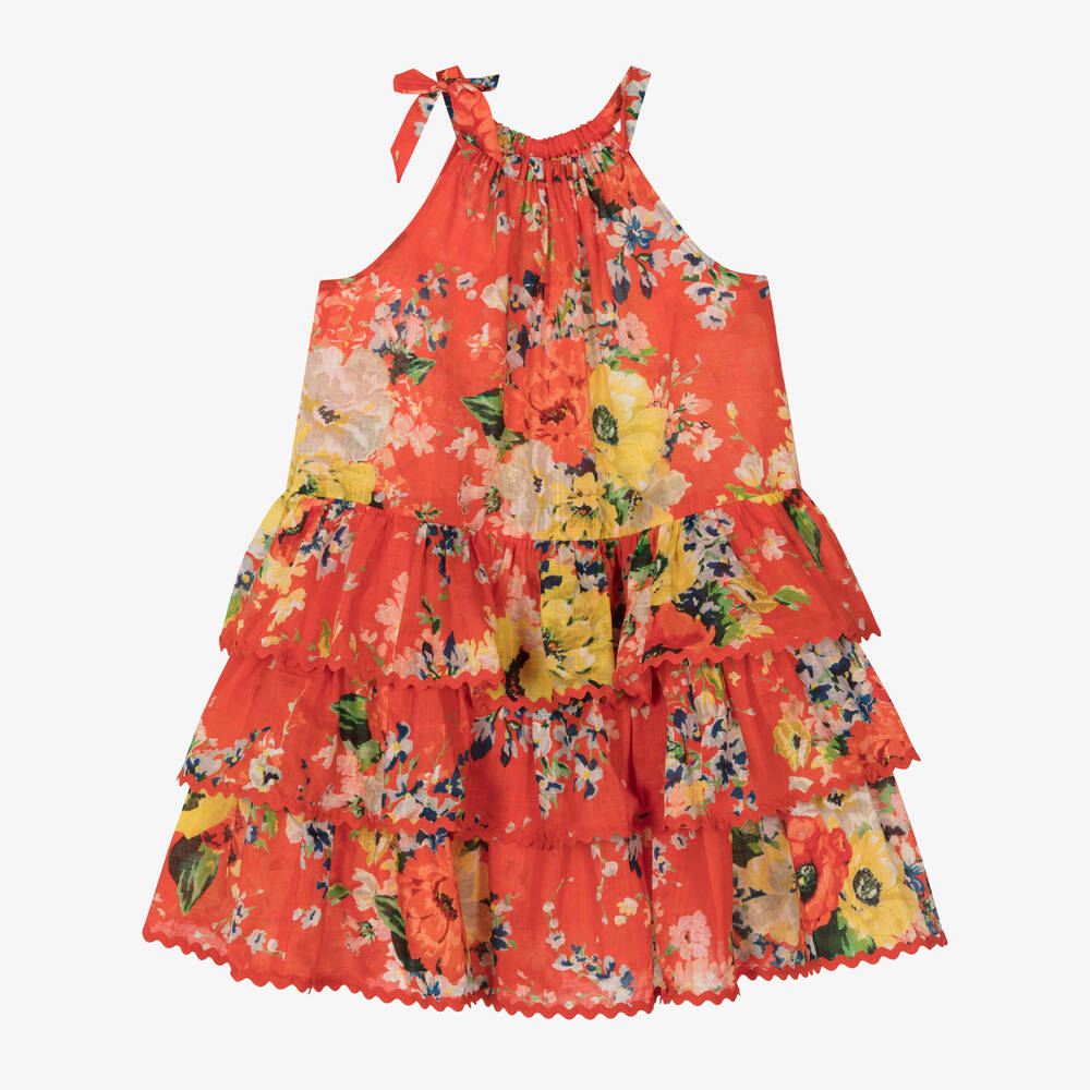 Zimmermann-Girls Red Tiered Floral Dress | Childrensalon Outlet