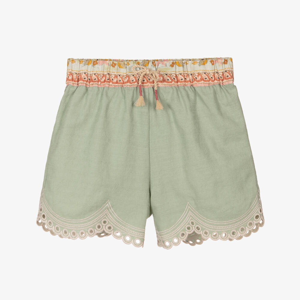 Zimmermann-Girls Sage Cotton Embroidered Shorts | Childrensalon Outlet