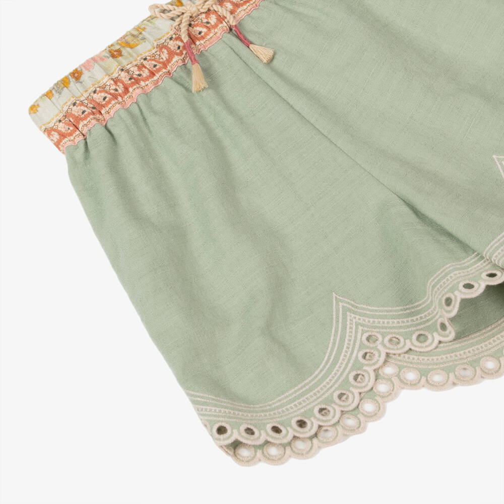 Zimmermann-Girls Sage Cotton Embroidered Shorts | Childrensalon Outlet