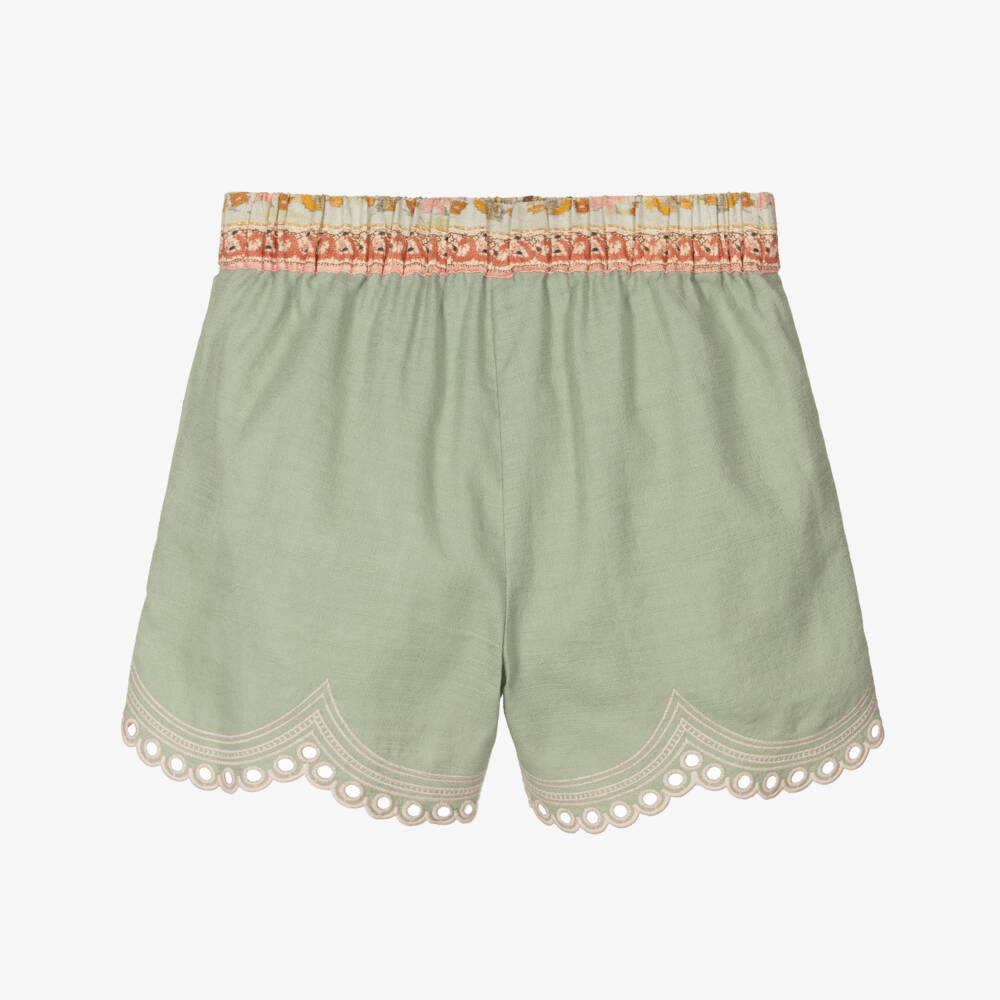 Zimmermann-Girls Sage Cotton Embroidered Shorts | Childrensalon Outlet