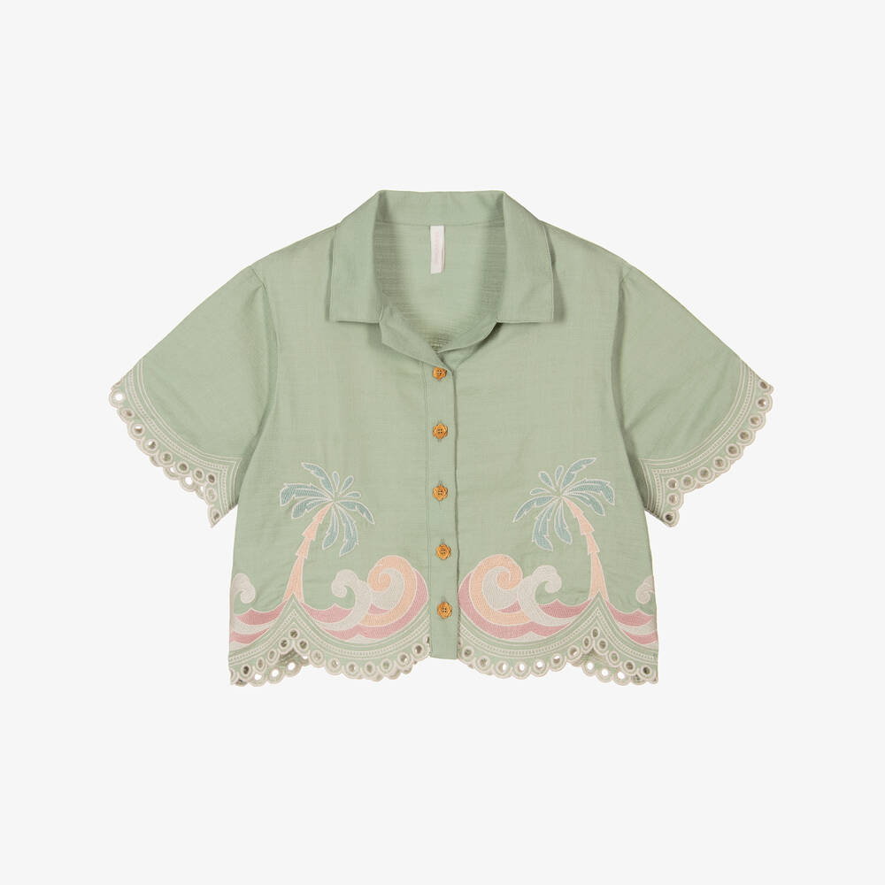 Zimmermann-بلوزة قطنية مطرزة باللون الأخضر للبنات | Childrensalon Outlet