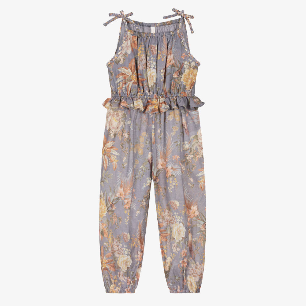 Zimmermann-Girls Teal-Blue Floral Cotton Romper | Childrensalon Outlet
