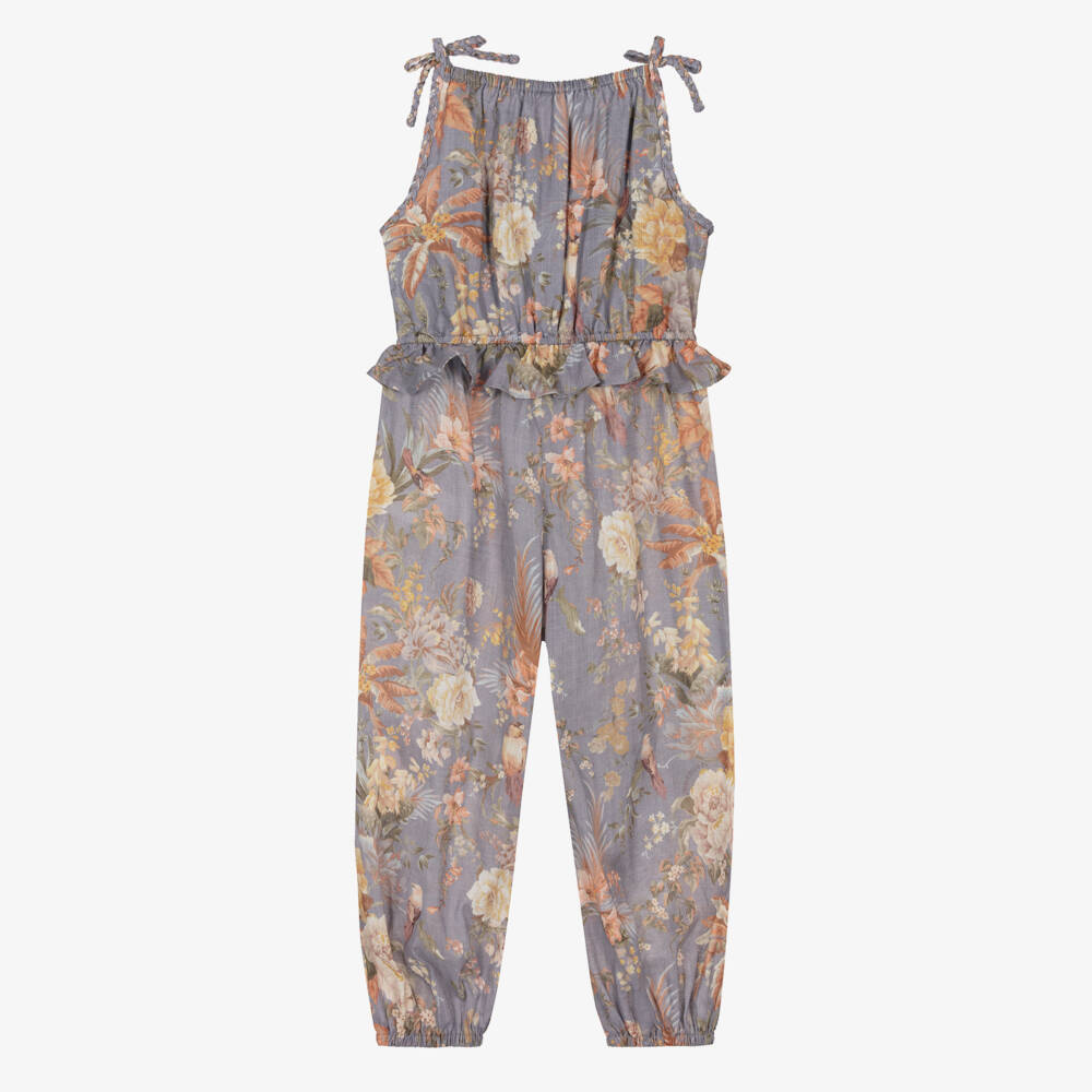 Zimmermann-Girls Teal-Blue Floral Cotton Romper | Childrensalon Outlet