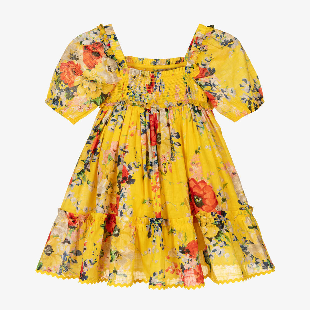 Zimmermann-Girls Yellow Floral Shirred Cotton Dress | Childrensalon Outlet