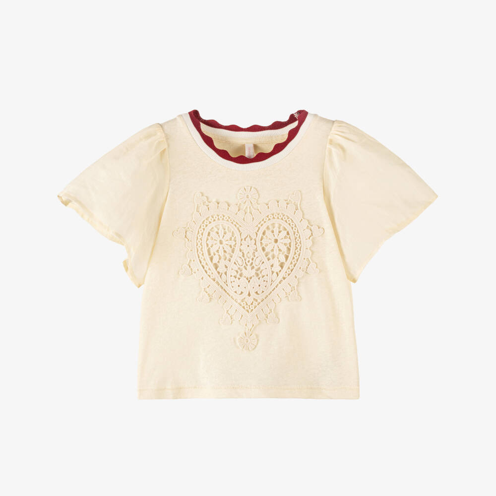 Zimmermann-Ivory Heart Embroidery Tee Shirt | Childrensalon Outlet