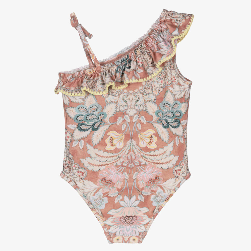 Zimmermann-Pink Floral Crochet One Shoulder Swimsuit | Childrensalon Outlet