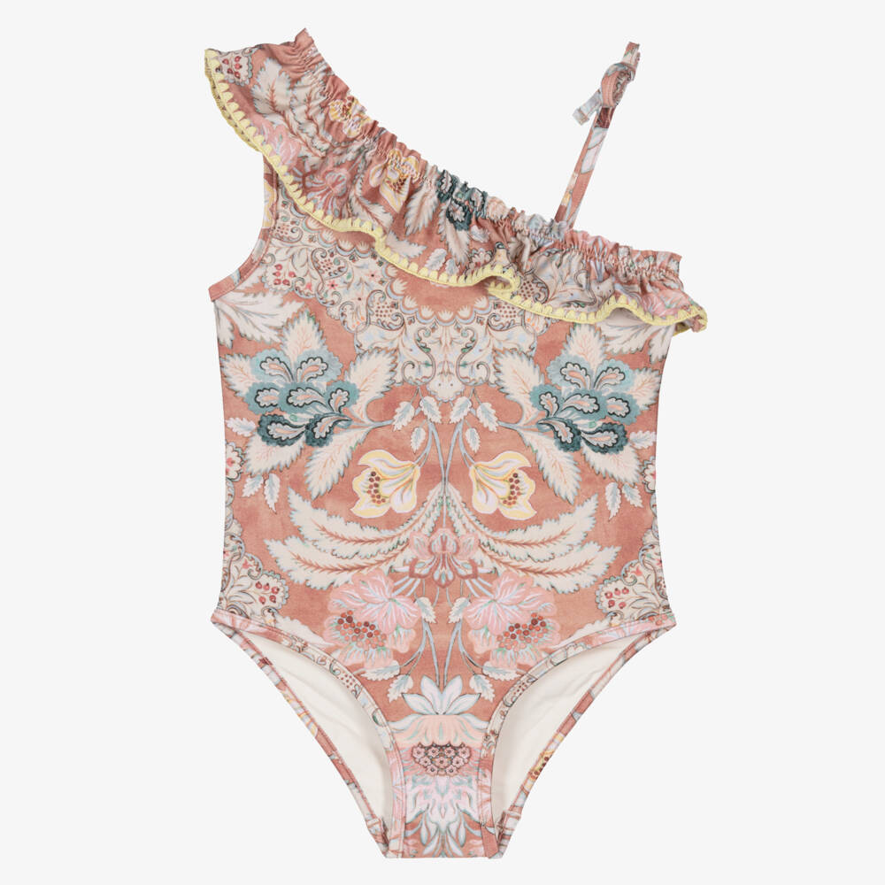 Zimmermann-Pink Floral Crochet One Shoulder Swimsuit | Childrensalon Outlet