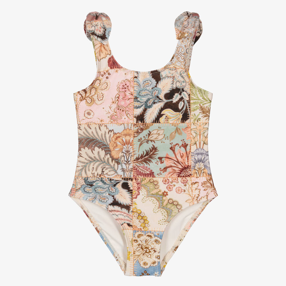 Zimmermann-Pink Patchwork Floral Bow Swimsuit | Childrensalon Outlet
