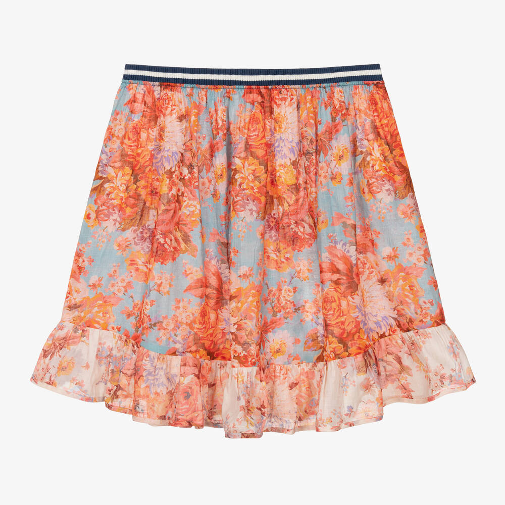 Zimmermann - Teen Girls Blue & Orange Floral Cotton Skirt | Childrensalon