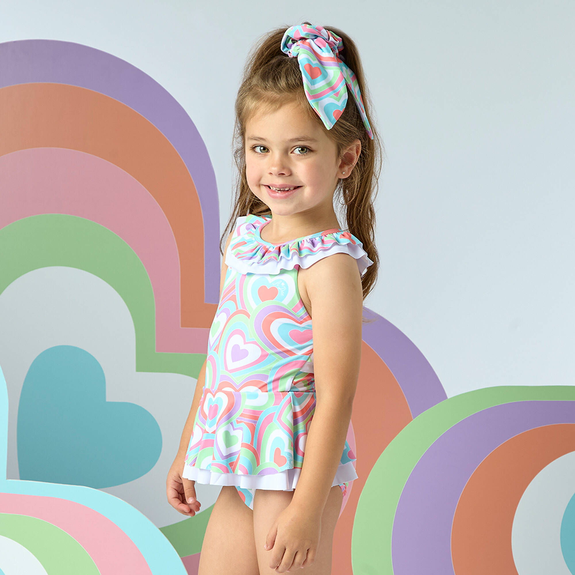 A Dee - Girls Pink Colourful Heart Print Swimsuit | Childrensalon Outlet