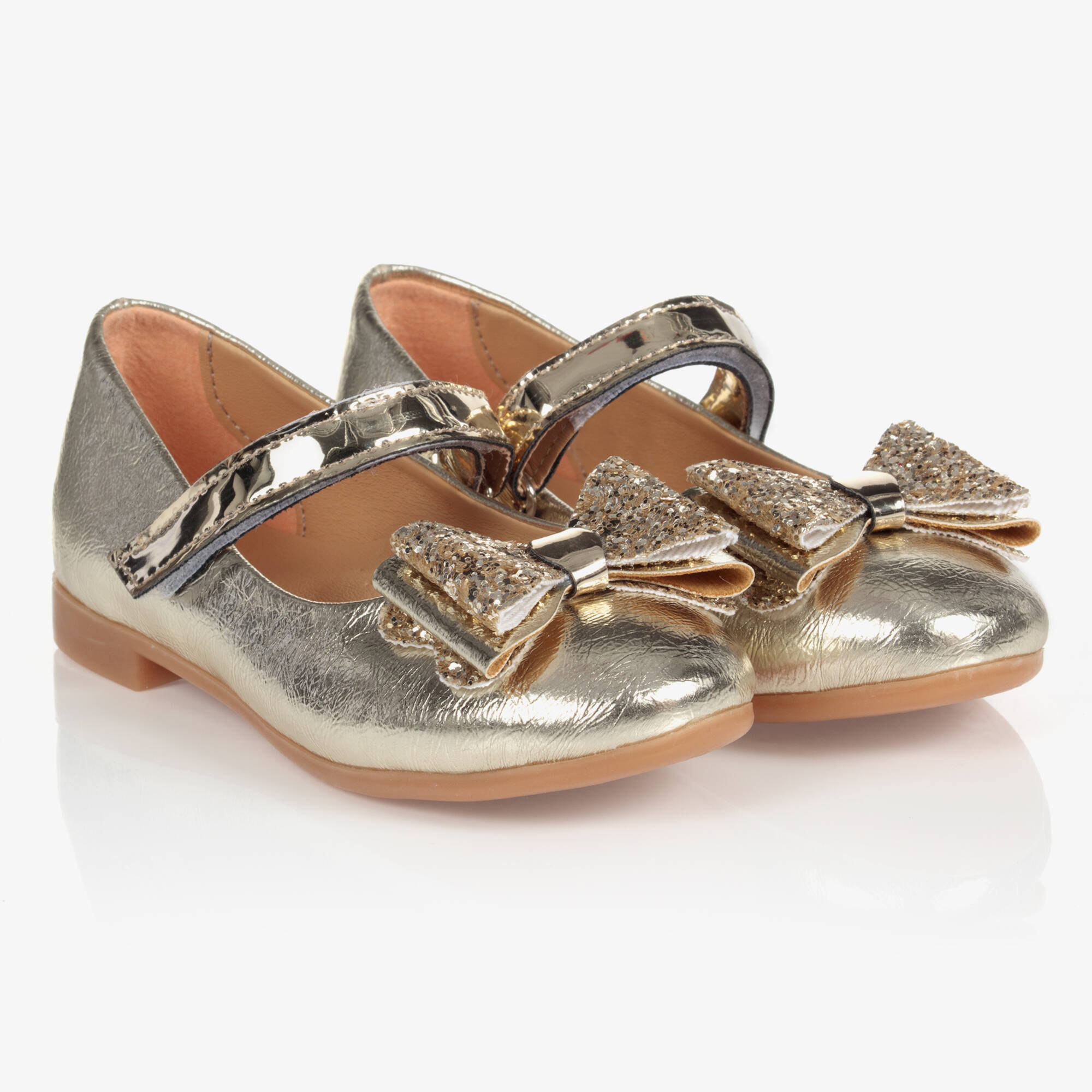 Caramelo Kids - Girls Gold Glitter Bow Pumps | Childrensalon Outlet