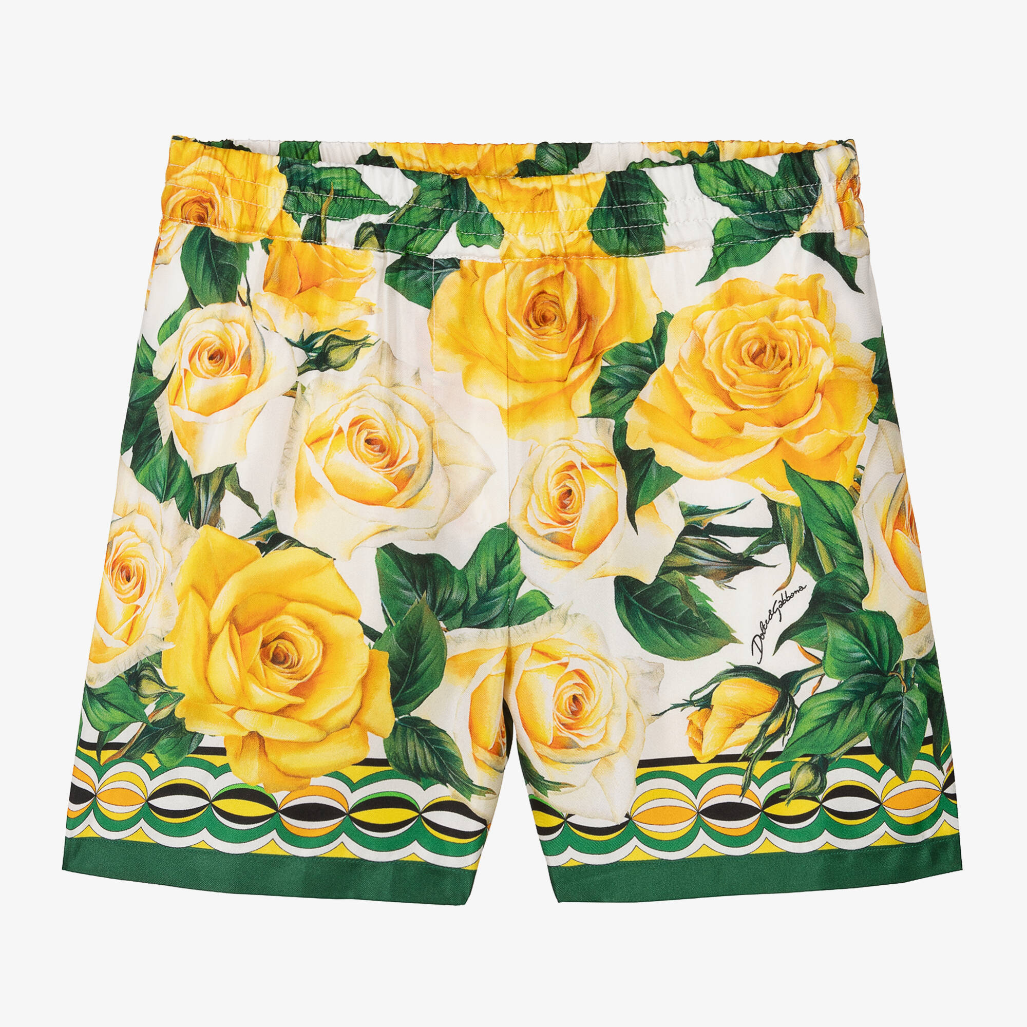 Dolce & Gabbana - Girls Yellow Rose Print Silk Shorts
