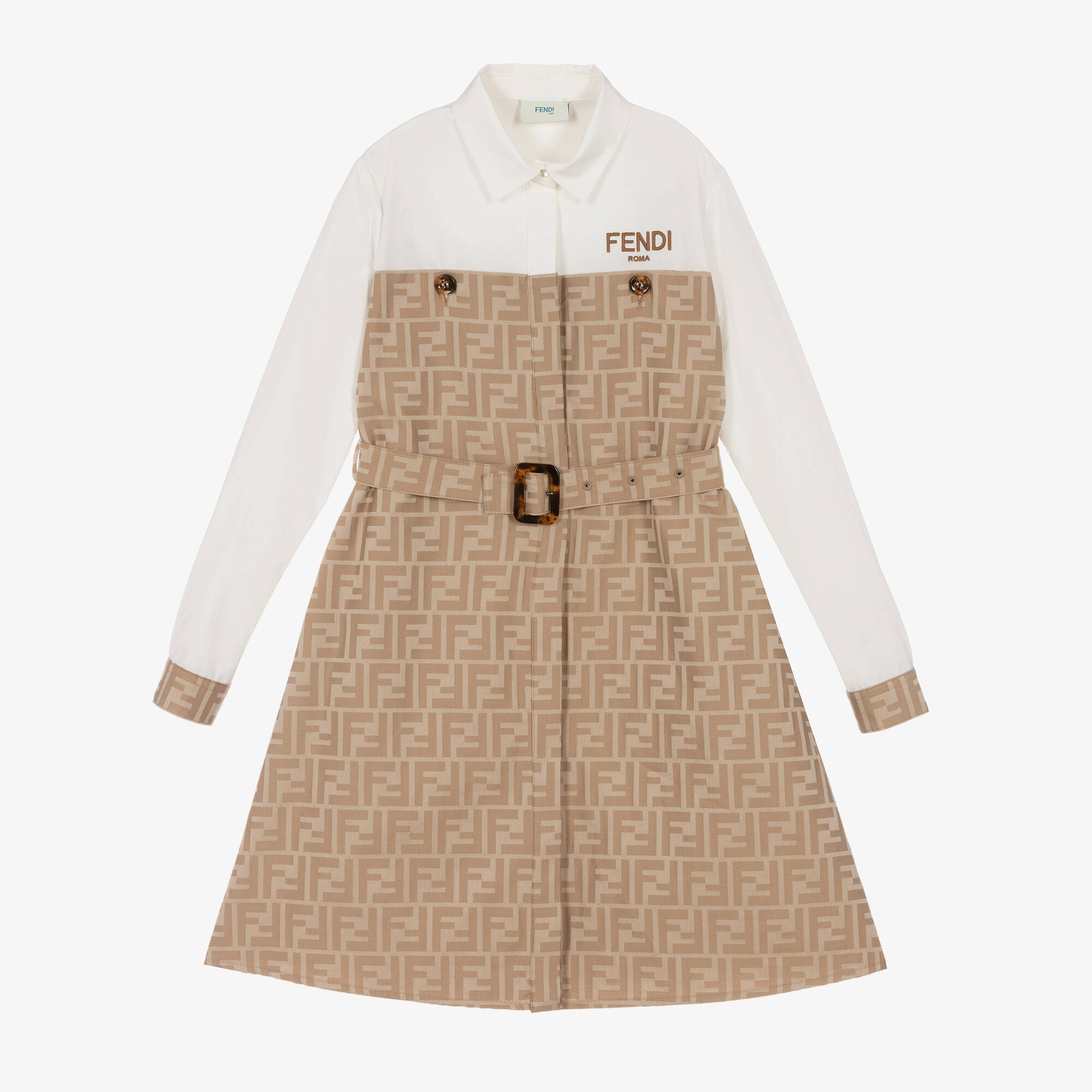 Fendi - Girls Beige & White Cotton FF Logo Dress | Childrensalon Outlet