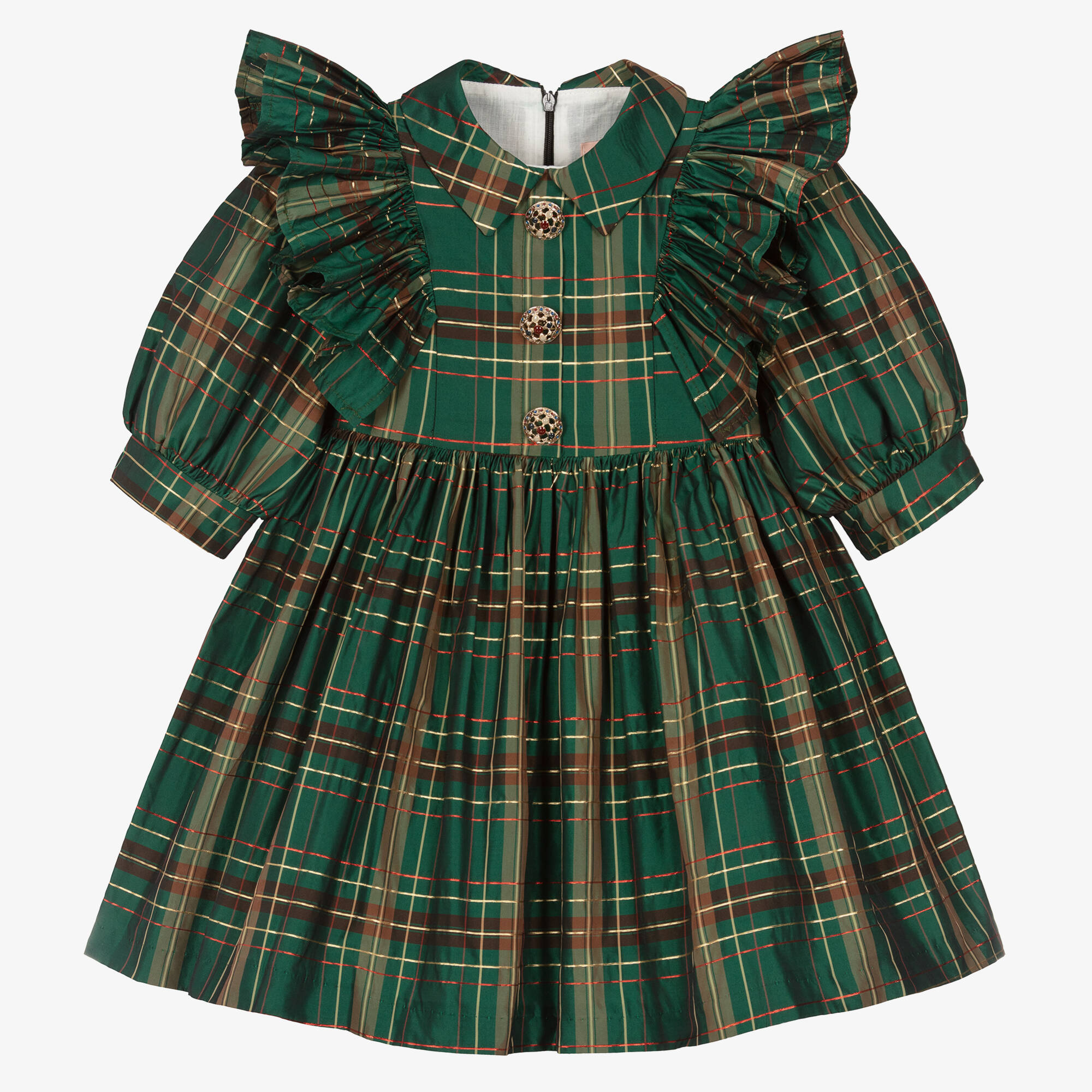 Irpa - Girls Dark Green Metallic Tartan Dress | Childrensalon Outlet
