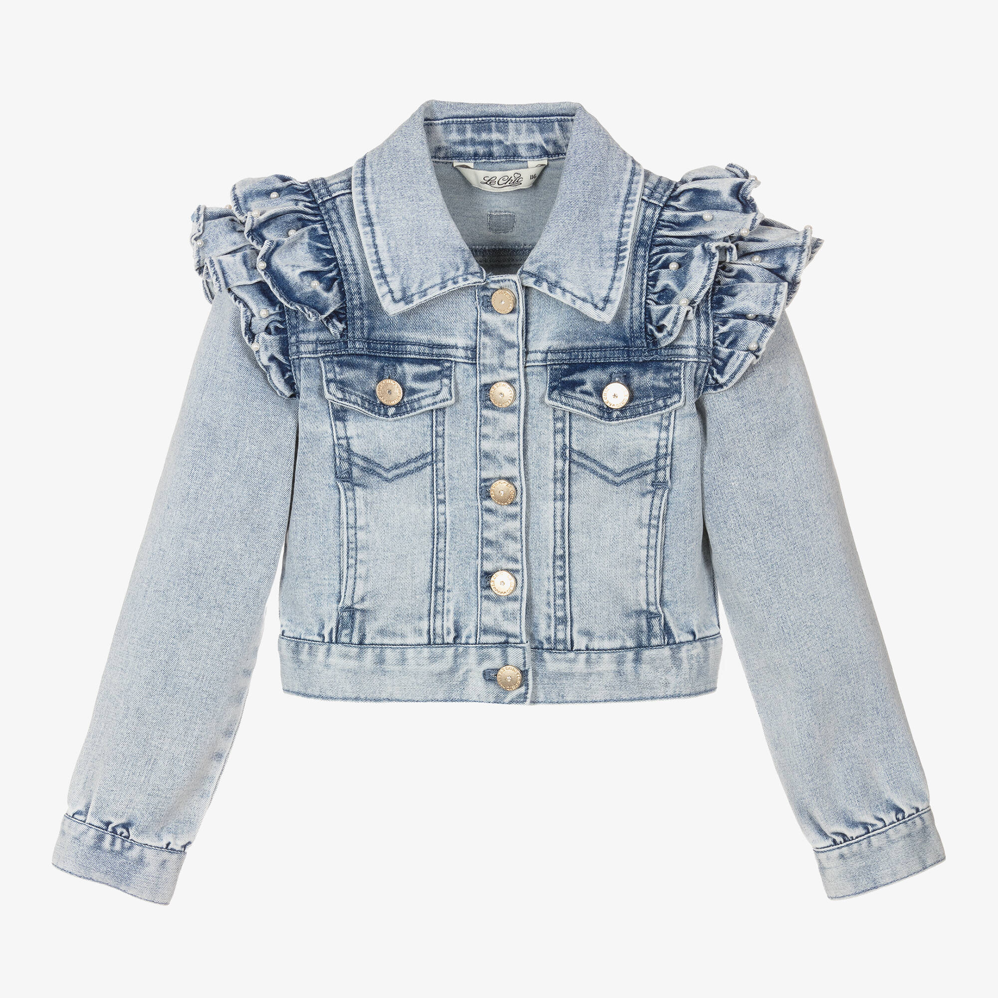 Le Chic - Girls Light Blue Ruffle Denim Jacket | Childrensalon Outlet