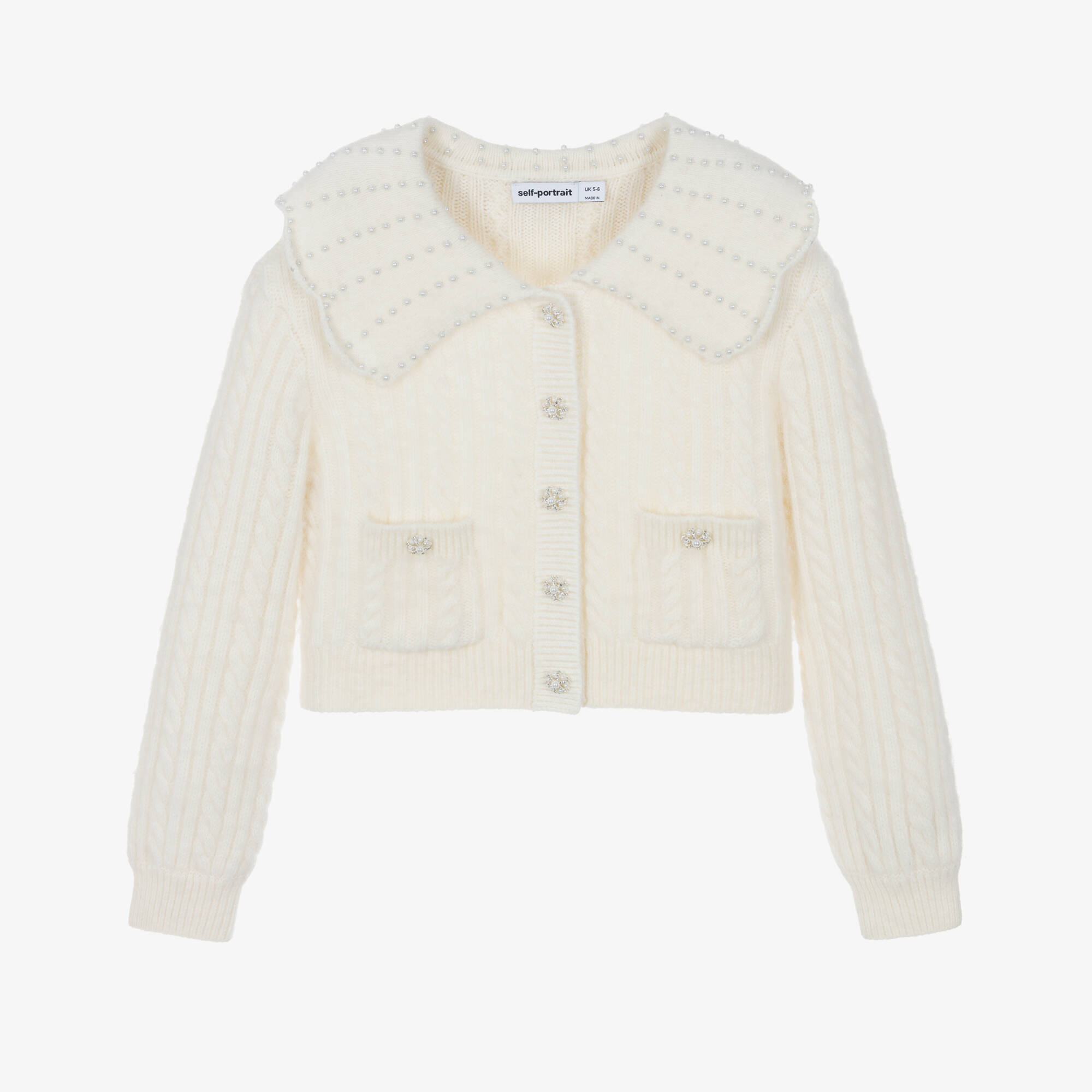 Self-Portrait - Girls Ivory Cable Knit Wool Cardigan with Pearls ...
