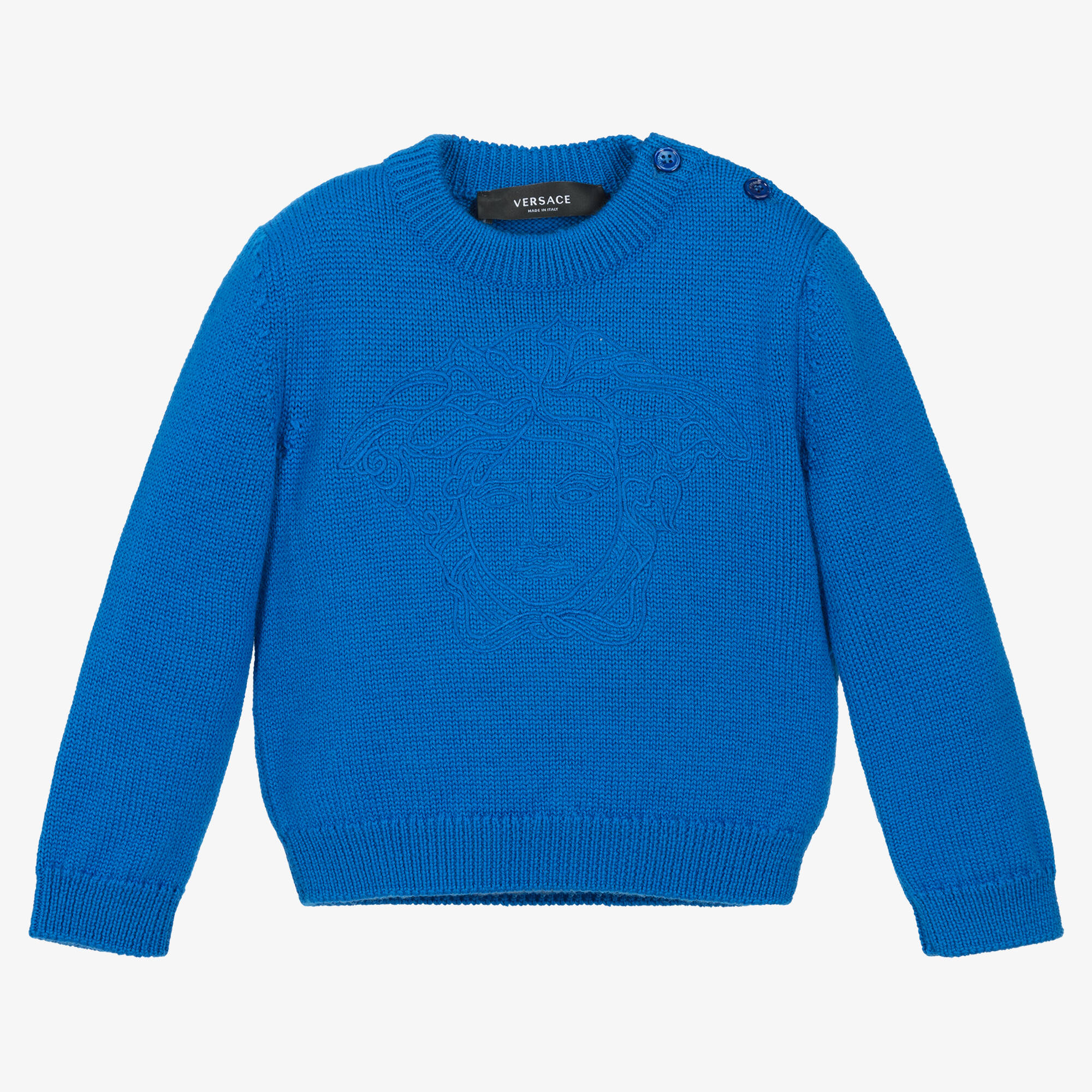 VERSACE ヴァイオレットブルーエンボスメデューサ刺繍ニット versace-blue-wool-knit-medusa-