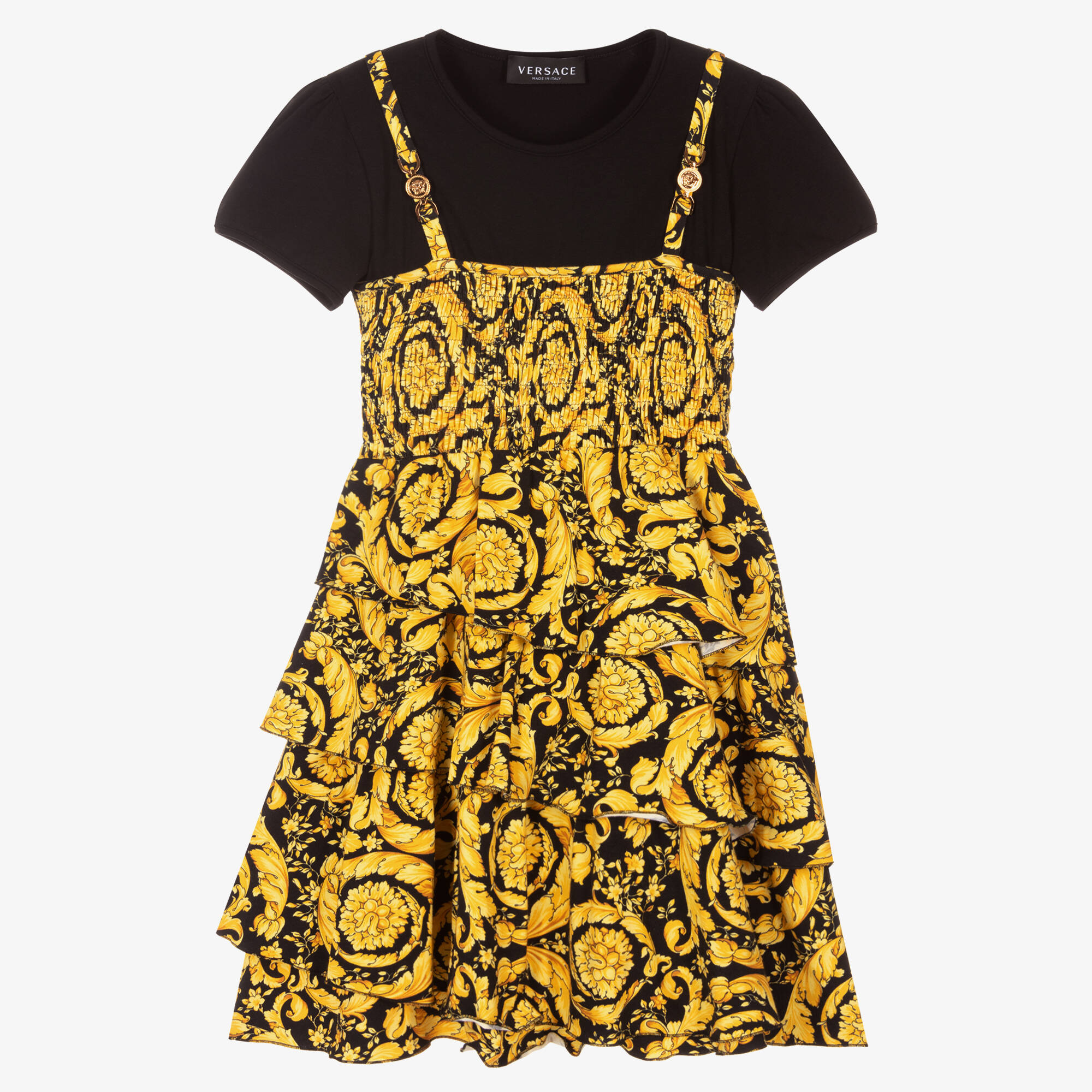 black and gold versace dress Versace Girls Black & Gold Barocco Logo Dress