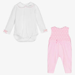 A Dee-Baby Girls Pink & White Dungaree Set | Childrensalon Outlet