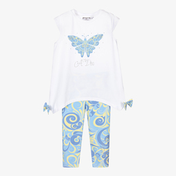 A Dee-طقم ليغنغز قطن جيرسي لون أزرق وأبيض للبنات | Childrensalon Outlet