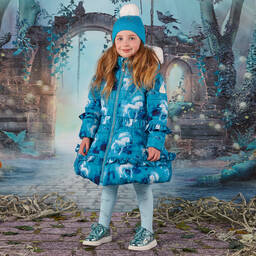A Dee-Girls Blue Unicorn Puffer Coat | Childrensalon Outlet