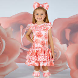 A Dee-Кораллово-розовое хлопковое платье с розами | Childrensalon Outlet