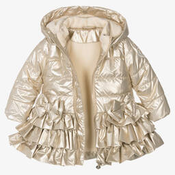 A Dee-Girls Gold Ruffle Hooded Puffer Coat | Childrensalon Outlet