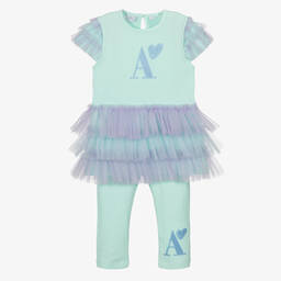 A Dee-Girls Green Cotton Ruffle Leggings Set | Childrensalon Outlet