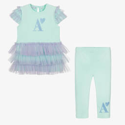 A Dee-Girls Green Cotton Ruffle Leggings Set | Childrensalon Outlet