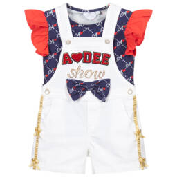 A Dee-Girls Ivory & Blue Dungaree Shorts Set | Childrensalon Outlet