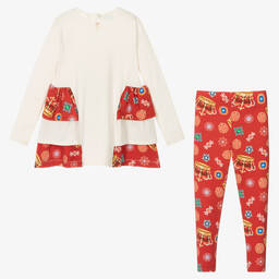 A Dee-Girls Ivory & Red Cotton Leggings Set | Childrensalon Outlet