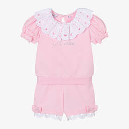 آدي-طقم شورت قطن جيرسي لون أبيض وزهري للبنات | Childrensalon Outlet