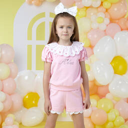 آدي-طقم شورت قطن جيرسي لون أبيض وزهري للبنات | Childrensalon Outlet