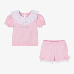 آدي-طقم شورت قطن جيرسي لون أبيض وزهري للبنات | Childrensalon Outlet