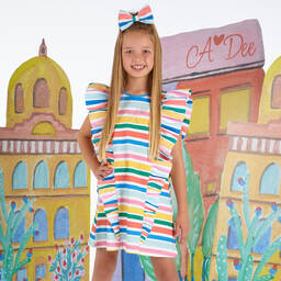 A Dee-Girls Rainbow Stripe Ruffle Cotton Dress | Childrensalon Outlet