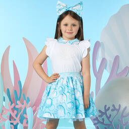 A Dee-فستان قطن جيرسي لون أبيض وأزرق تركواز | Childrensalon Outlet