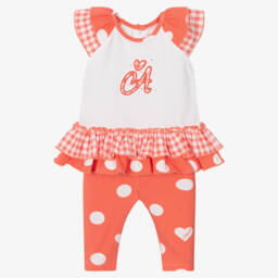 A Dee-طقم ليقنز قطن لون زهري مرجاني وأبيض | Childrensalon Outlet