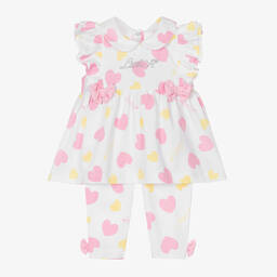 A Dee-Girls White Cotton Hearts Leggings Set | Childrensalon Outlet