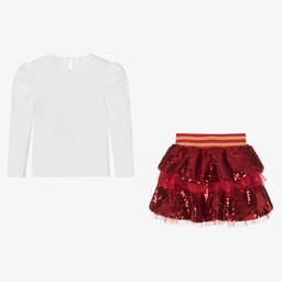 A Dee-Girls White Cotton & Red Sequin Skirt Set | Childrensalon Outlet