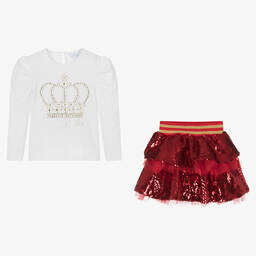 A Dee-Girls White Cotton & Red Sequin Skirt Set | Childrensalon Outlet